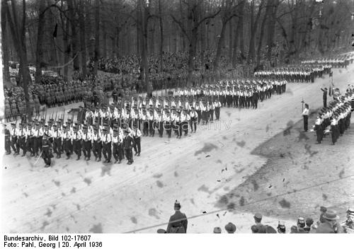 Adolf Hitler saluting a parade of naval troops in front of the Technical University in Berlin on the occasion of his birthday